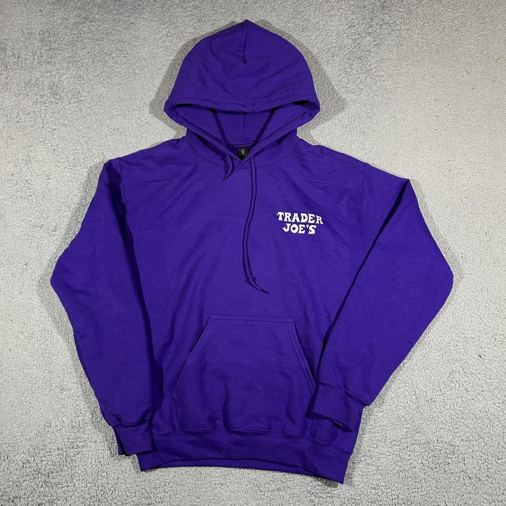 Trader Joe's Graphic Pullover Hoodie Sweatshirt Purple Size Small #3704